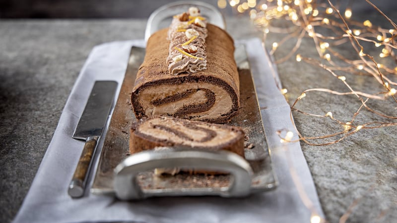 Chocolate, orange and hazelnut swiss roll. Photograph: Harry Weir Photography