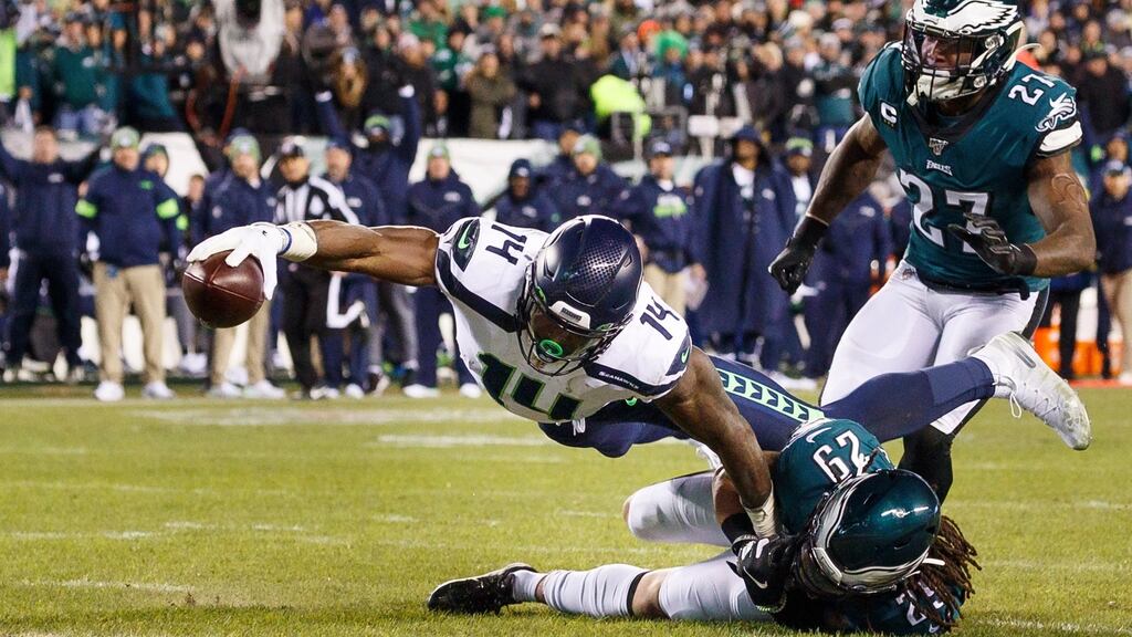 Seattle Seahawks’ wide receiver DK Metcalf dives for a touchdown against the Philadelphia Eagles. Photograph: Justin Lane/EPA