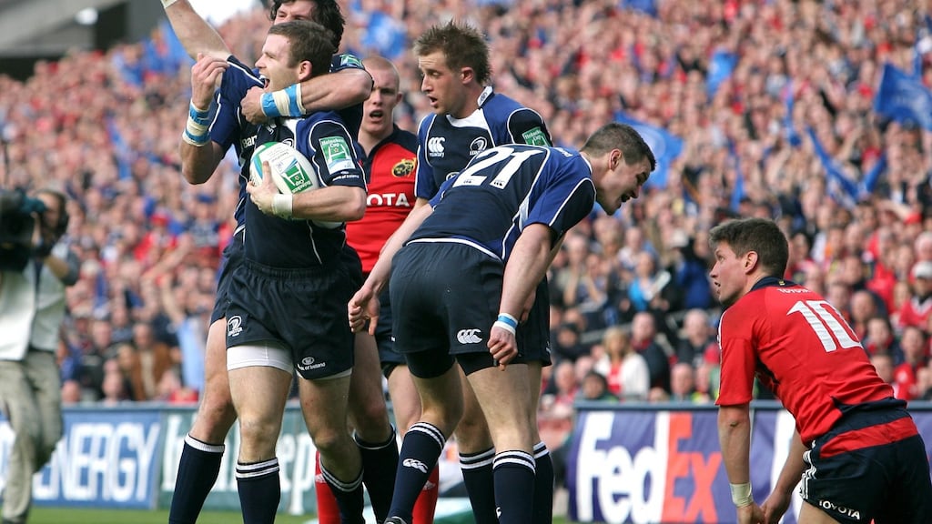 Johnny Sexton roars at Ronan O’Gara after a Leinster try in the 2009 Heineken Cup semi-final. Photograph: James Crombie/Inpho