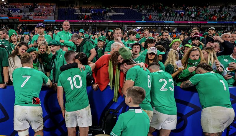 Rugby World Cup: Ireland's Josh van der Flier, Jonathan Sexton, Caelan Doris, Jimmy O'Brien, and Andrew Porter with their families after the final whistle. Photograph: INPHO/Dan Sheridan