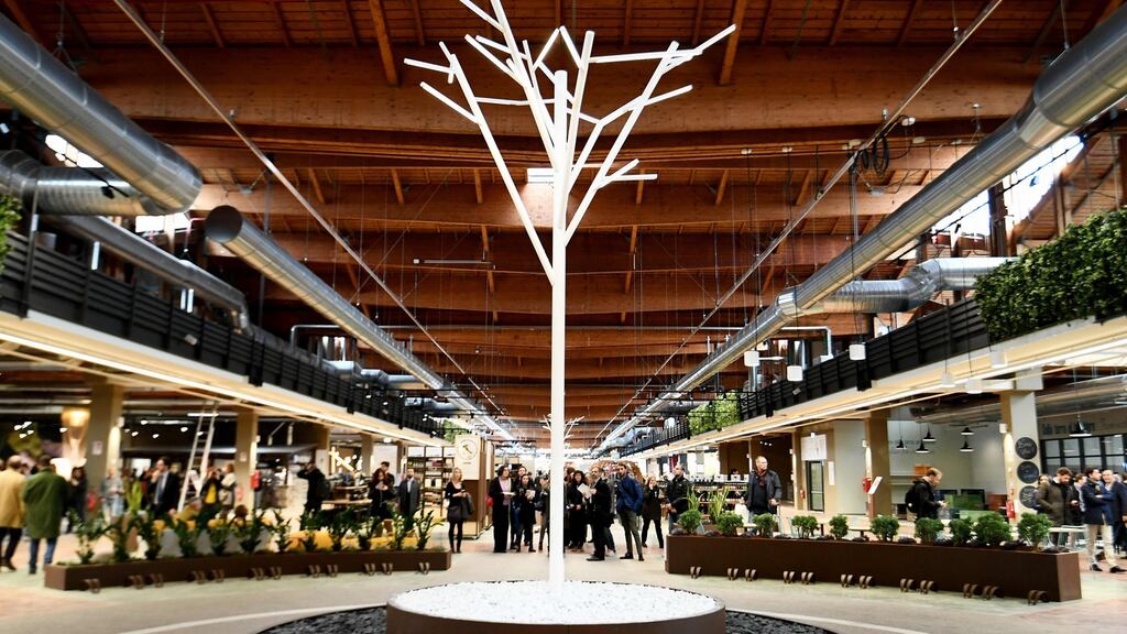The central aisle in the indoor pavilion at FICO Eataly World Bologna, a food and farming theme park which opens today. Photograph: Getty Images