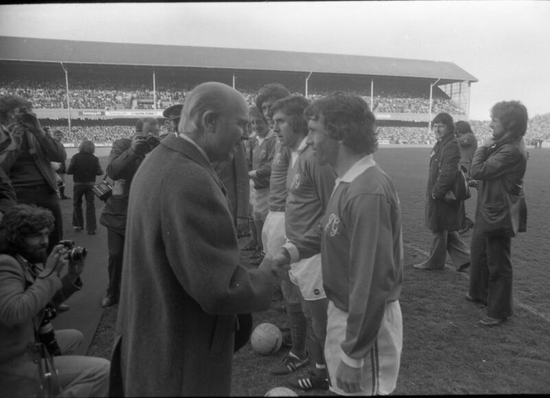 President Cearbhall Ó Dálaigh shakes John Giles' hand at the footballer's testimonial game. Giles later said he 'never really enjoyed' management. Photograph: Independent News and Media/Getty