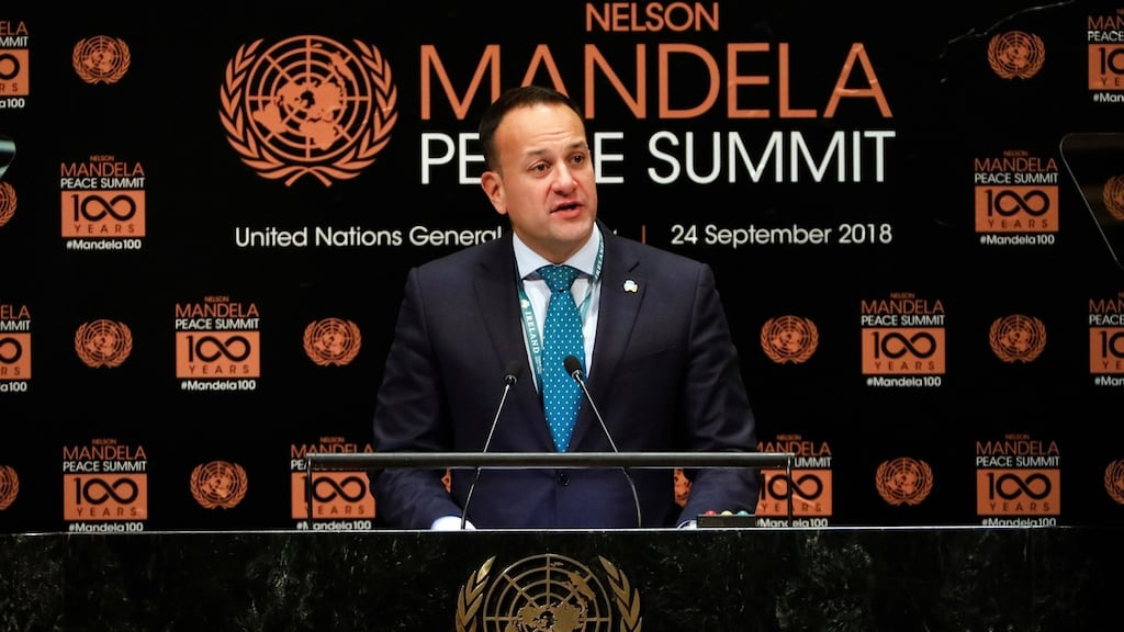 Taoiseach Leo Varadkar addresses the Nelson Mandela Peace Summit during the United Nations General Assembly, at UN headquarters, New York, on Monday. Photograph: Richard Drew/AP