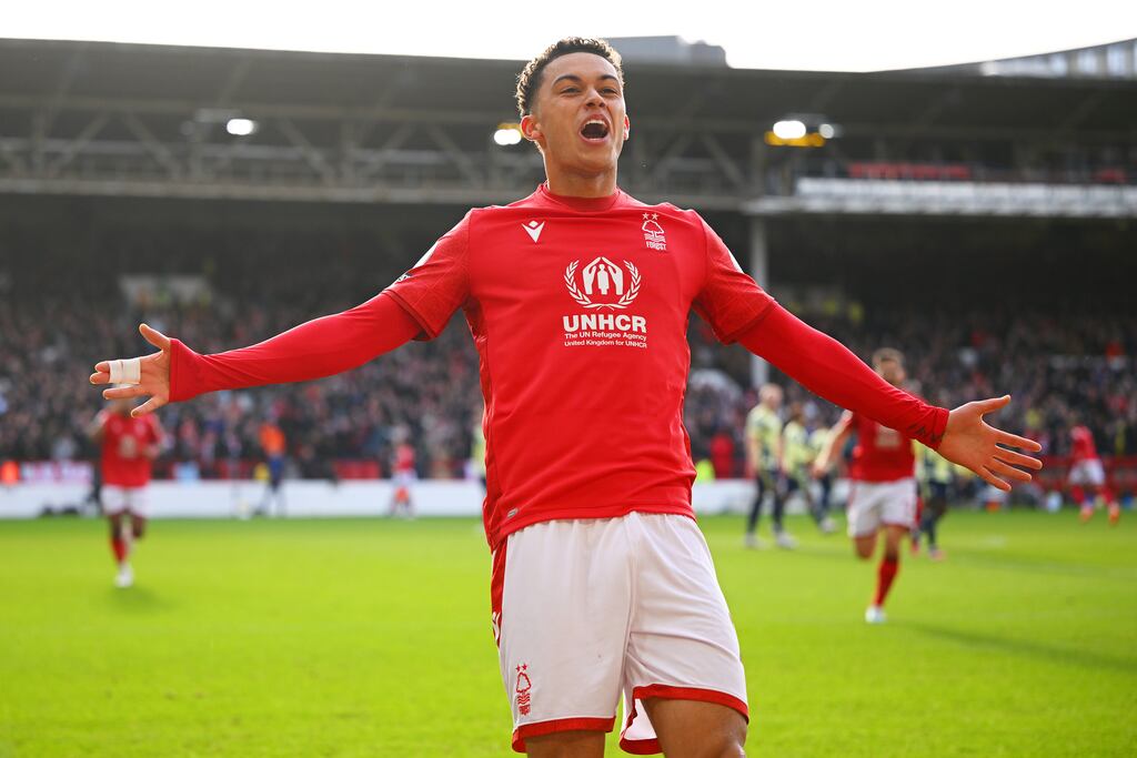 Brennan Johnson celebrates scoring the goal that earned Nottingham Forest victory over Leeds. Photograph: Clive Mason/Getty Images