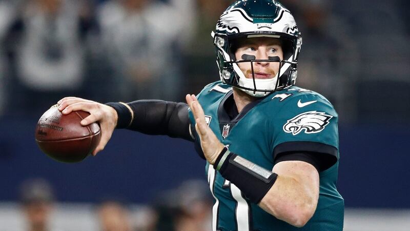 Carson Wentz threw for three touchdowns against Chicago. Photograph: larry W Smith/EPA