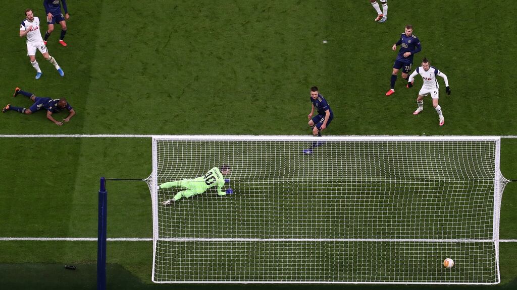 Harry Kane scores his second goal in of Tottenham Hotspur’s victory over Dinamo Zagreb at Tottenham Hotspur Stadium. Photograph: Julian Finney/Getty Images