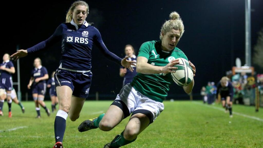 Ireland’s Alison Miller scores a try against Scotland during last night’s RBS Women’s Six Nations Championship clash at Ashbourne RFC. Photograph: Dan Sheridan/Inpho