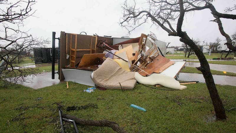 A mobile home lies split open in the Paradise Lagoons RV Resort on August 26, 2017 in Aransas Pass. Photograph: AFP/Getty Images