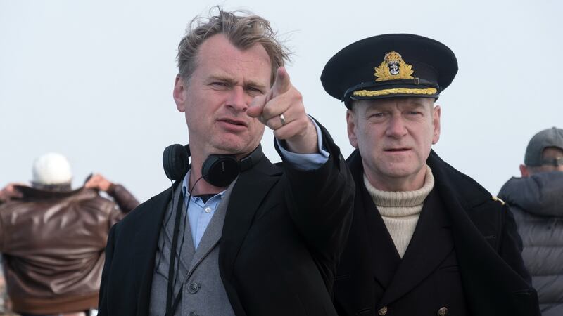 Director Christoper Nolan on the set of Dunkirk with Kenneth Brannagh