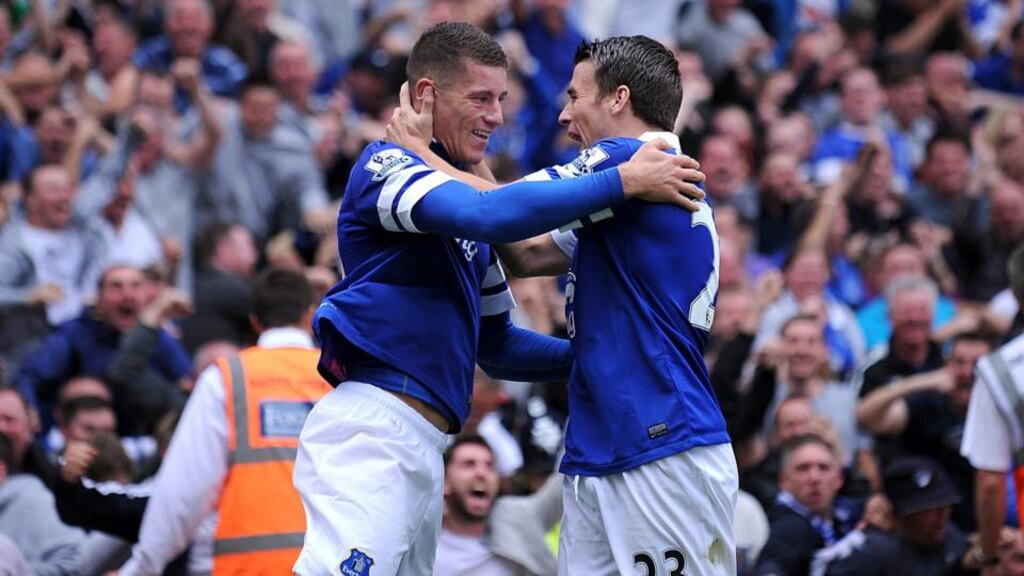 Everton’s Ross Barkley (left) celebrates scoring against Norwich City with team-mate Seamus Coleman. Photograph: Nigel French/PA Wire.