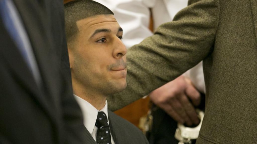 Former NFL player Aaron Hernandez listens as the guilty verdict is read during his murder trial at the Bristol County Superior Court in Fall River, Massachusetts. Photograph: Reuters/Dominick Reuter