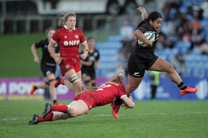 Ayesha Leti-I’iga of New Zealand is tackled by Alysha Corrigan of Canada. New Zealand have match-winners out wide in prolific winger Ayesha Leti-I’iga and Ruby Tui. Photograph: Dave Rowland/Getty Images