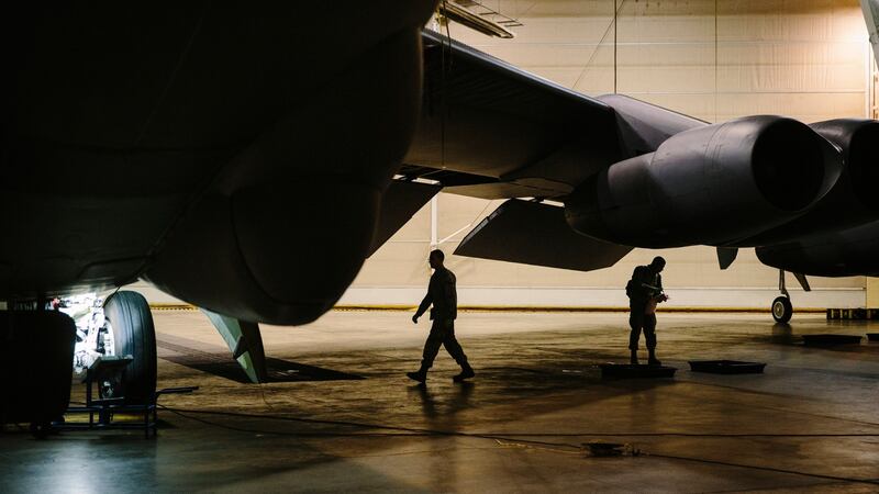 A B-52 Stratofortress bomber undergoes maintenance at Barksdale Air Force Base in Louisiana. Photograph: Edmund D Fountain/The New York Times