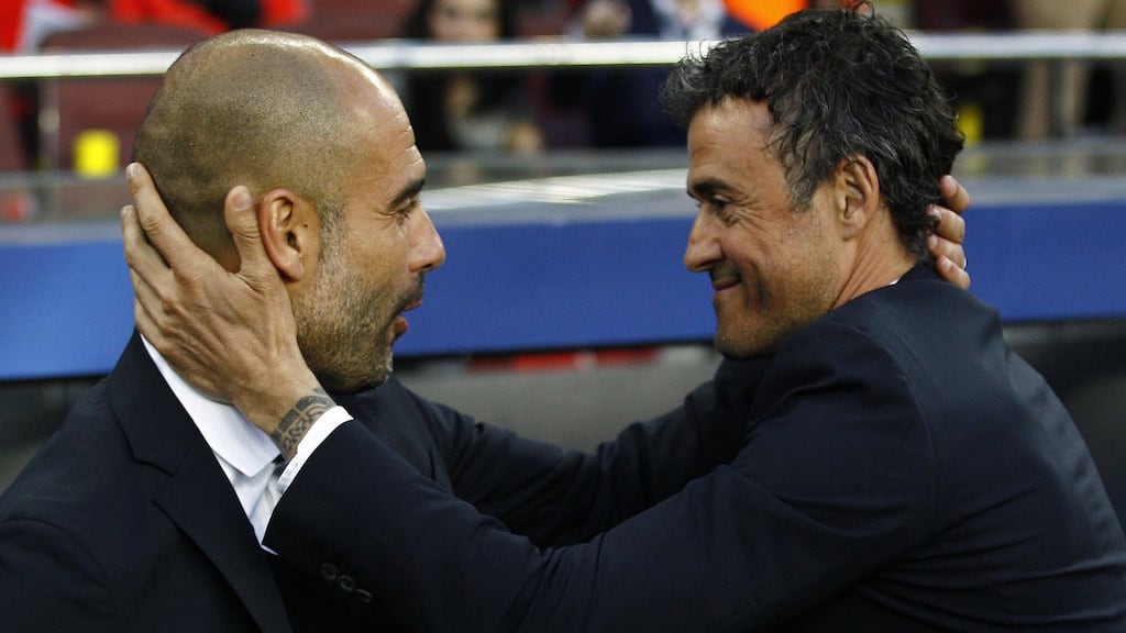 Manchester City coach Pep Guardiola and Barcelona’s coach Luis Enrique played together as teammates for five years. Photograoh: Quique Garcia/AFP/Getty Images