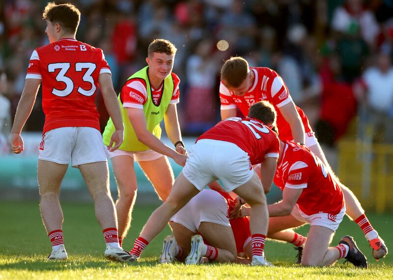Louth players celebrate the All-Ireland U20 semi-final win over Mayo at Glennon Brothers Pearse Park, Longford. Photograph: James Crombie/Inpho