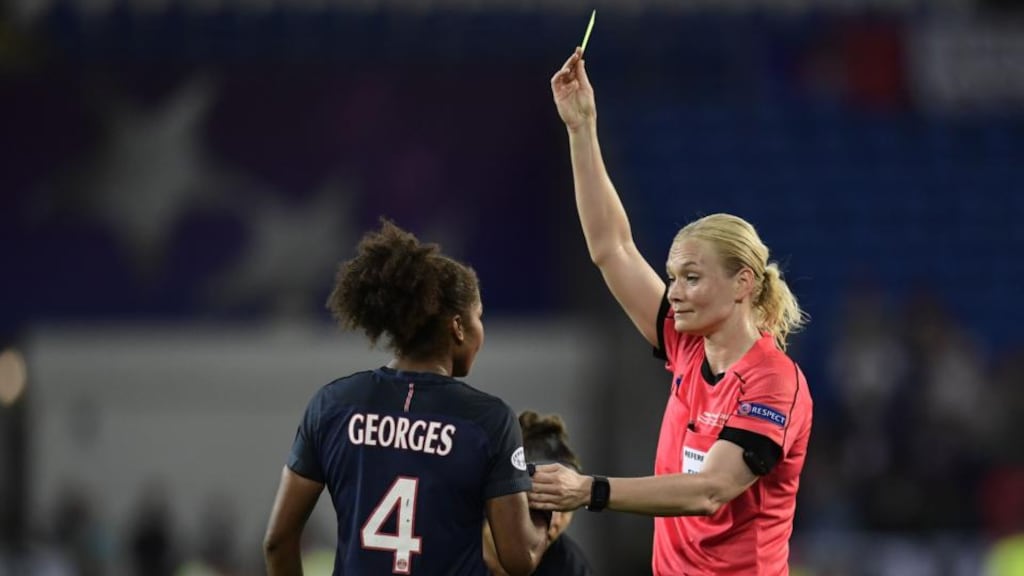 Germany’s Bibiana Steinhaus will become the first woman to referee in one of Europe’s top men’s leagues when she takes charge of the Bundesliga match between Hertha Berlin and Werder Bremen on Sunday. Photograph: Javier Soriano/AFP/Getty Images