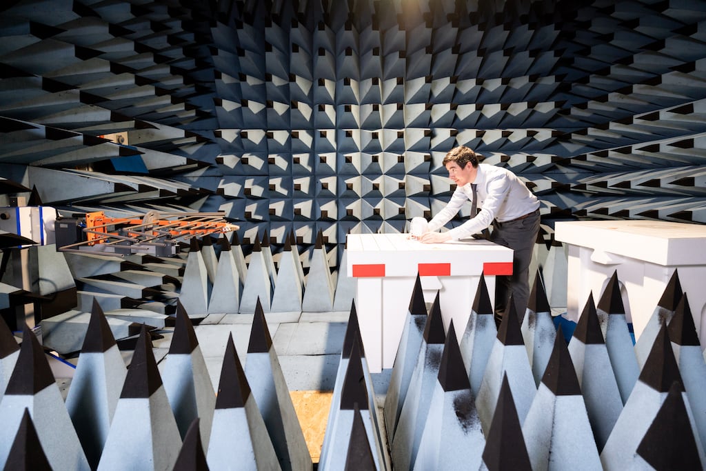 Kevin Moore, senior mechanical design engineer bespoke tests one of the products he has designed in one of the firm’s high tech anechoic test chambers