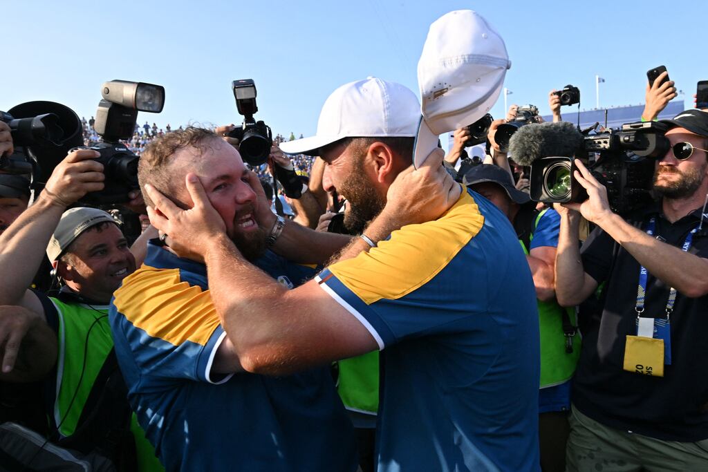 Shane Lowry and Jon Rahm of Europe celebrate after their victory on the final day of play in the 44th Ryder Cup in Rome on Sunday. Photograph: Alberto Pizzoli/AFP via Getty Images