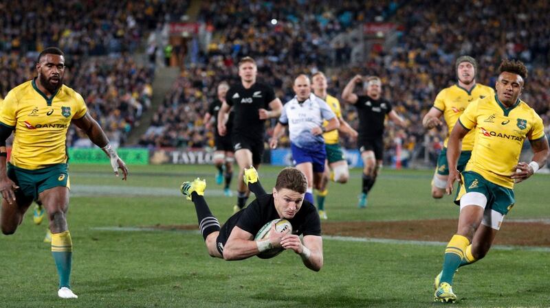 Beauden Barrett dives to score for the All Blacks in Sydney. Photograph: David Neilson/Inpho