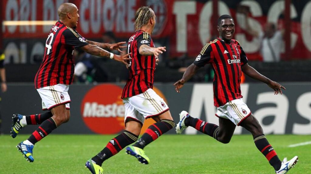 Cristian Zapata (right) celebrates with his of AC Milan team-mates Philippe Mexes and Nigel De Jong after scoring the opening goal during the Champions League match against Celtic at Stadio Giuseppe Meazza. Photograph: Marco Luzzani/Getty Images