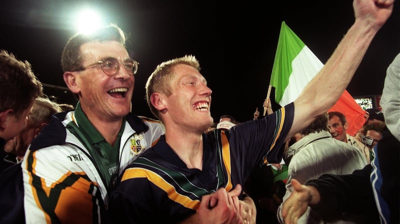 Ireland manager Colm O’Rourke and Graham Geraghty celebrate at the end of the 1999 match. Photo: Tom Honan/Inpho