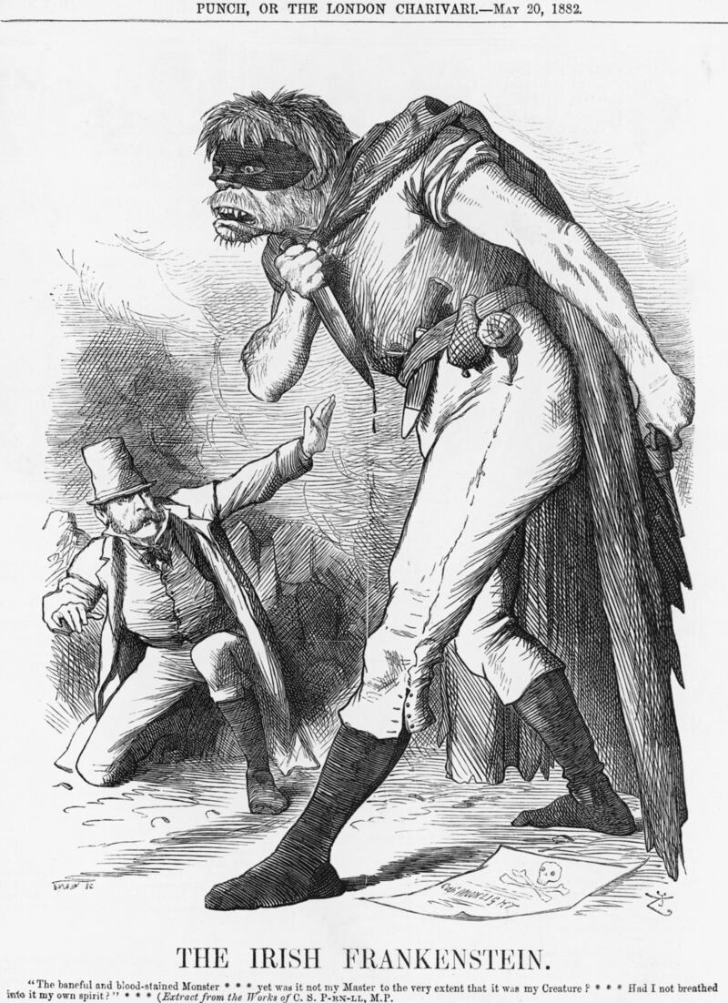 ‘The Irish Frankenstein’, 1882. An awestruck Charles Parnell of the Irish Nationalist Party is crouching before his Creature, which is depicted with the usual simian features of the Irishman in Punch cartoons. Photograph: The Cartoon Collector/Print Collector/Getty Images