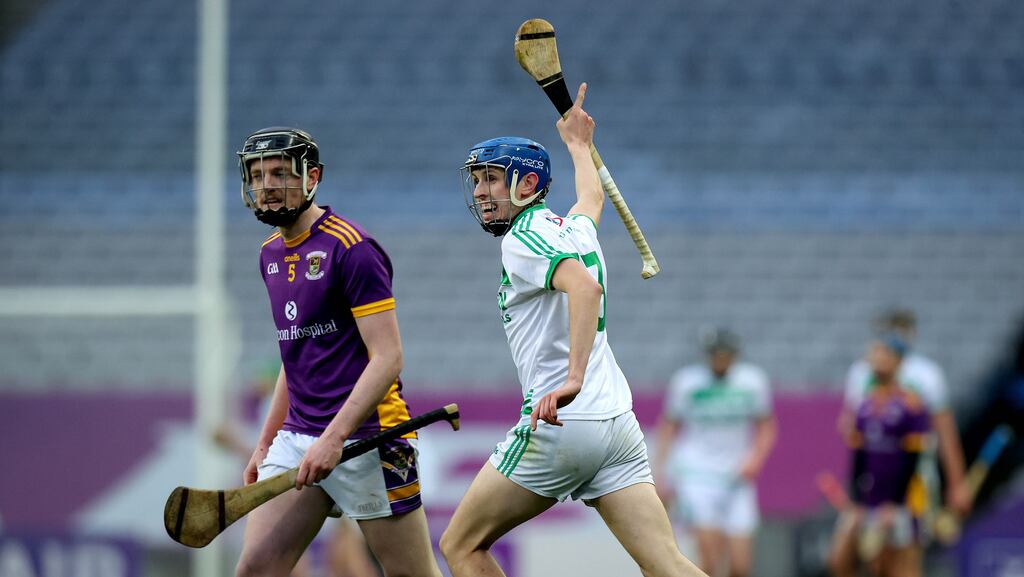 Ballyhale Shamrocks' Eoin Kenneally celebrates scoring a goal during the AIB Leinster club hurling final against Kilmacud Crokes at Croke Park. Photograph: Ryan Byrne/Inpho