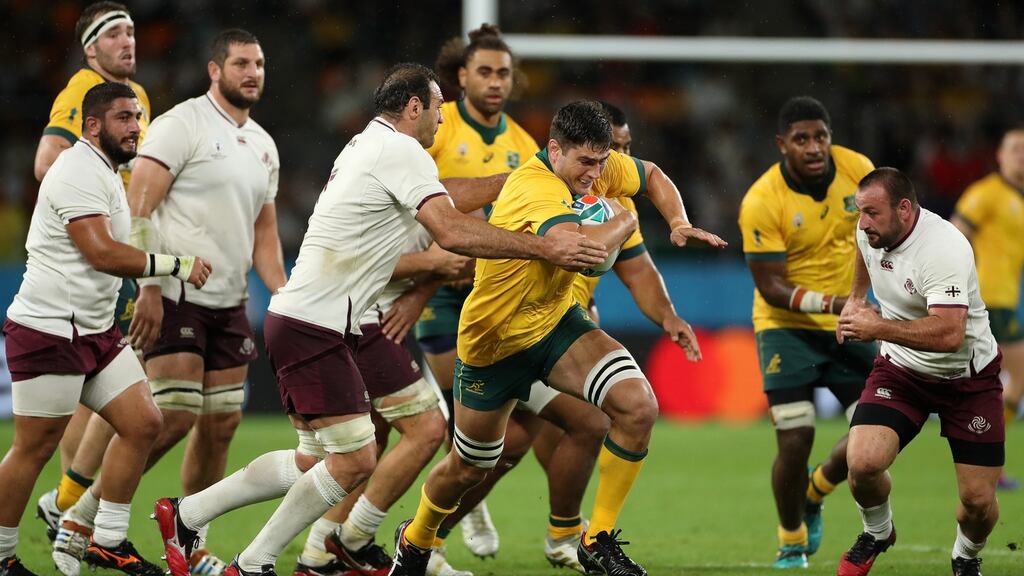 Georgia in action against Australia during the Rugby World Cup Group D match at Shizuoka Stadium in Japan. Photograph: Dan Mullan/Getty Images