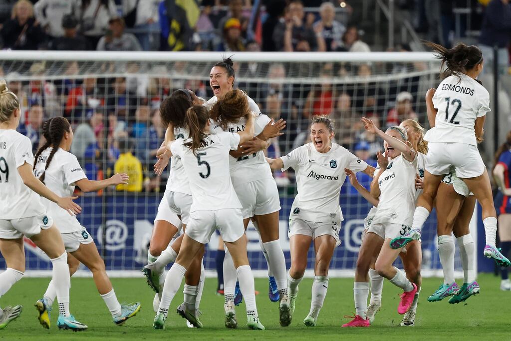 FC Gotham players celebrate their win at the end of their NWSL match against OL Reign at Snapdragon Stadium in San Diego, California, on Saturday.
Photograph: EPA