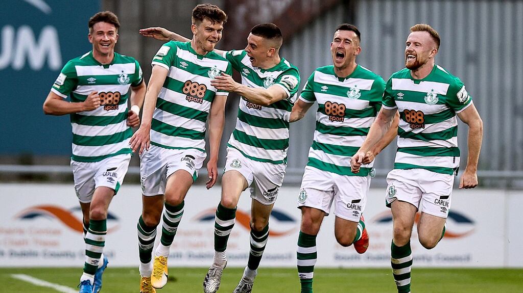 Shamrock Rovers celebrate Sean Gannon’s goal during their win over Dundalk. Photograph: Tommy Dickson/Inpho