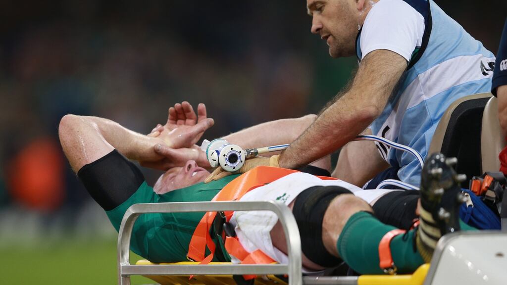 Ireland’s Paul O’Connell is stretchered off at the Millennium Stadium, Cardiff. Photograph: David Davies/PA