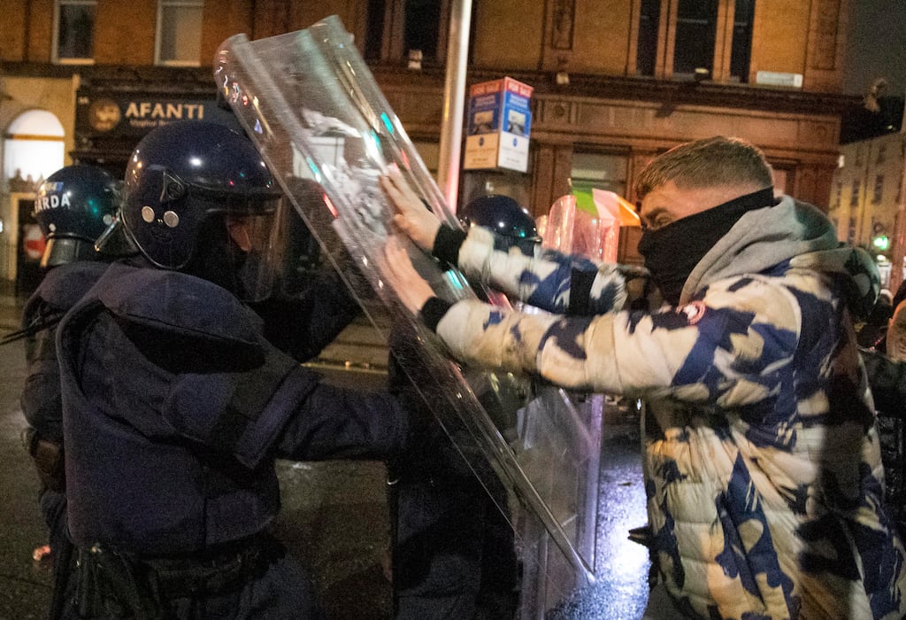 Rioters clash with gardaí in Dublin city centre. The Government will be judged not just by the way it responds to the attack on the schoolchildren and the riot that followed, but by the obvious political and policing failures that allowed the events to happen. Photograph: Colin Keegan, Collins Dublin