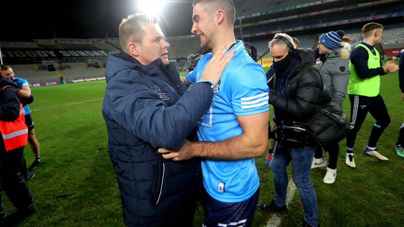 James McCarthy and Dessie Farrell celebrate Dublin’s All-Ireland final win. Photograph: Ryan Byrne/Inpho