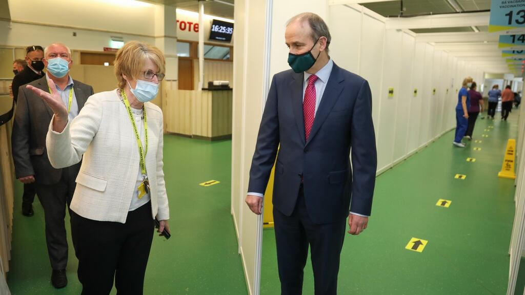Taoiseach Micheál Martin visits a vaccination centre in Ballybrit, Co Galway, where the Covid-19 vaccine is being administered to healthcare workers. Photograph: Aengus McMahon