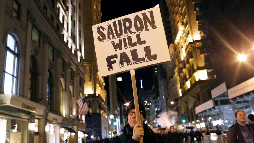 A crowd marches from New York’s Union Square to Trump Tower in protest over Donald Trump’s election. Photograph: Yana Paskova/Getty Images