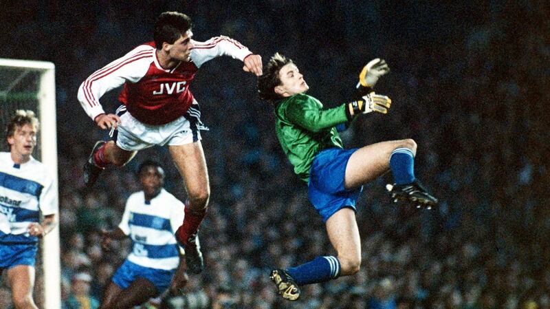 Niall Quinn in action for the Gunners in 1989: ‘We’re not going to Arsenal or Man United anymore, we’re going to Lincoln City and clubs like that.’ Photograph: Allsport/Inpho