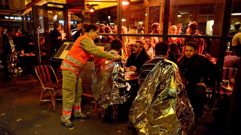 Survivors at a cafe after the Bataclan attack in November. Photograph: Antoine auantoniol/Getty