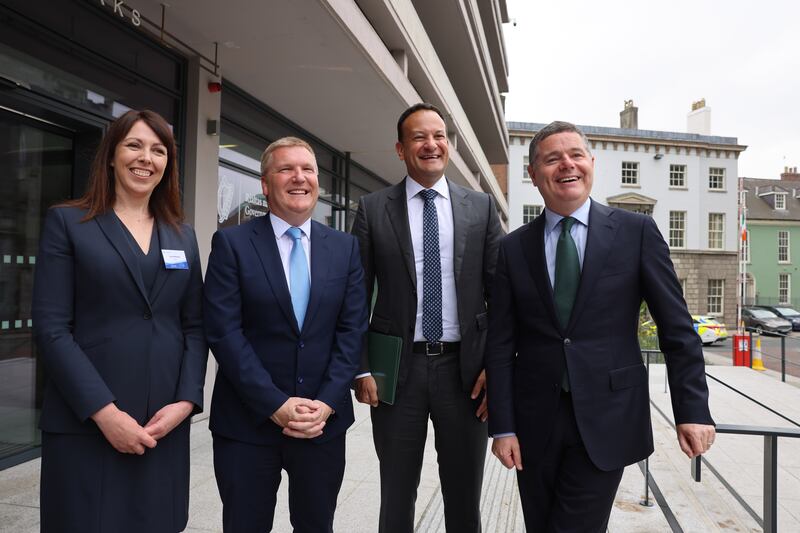 Chairwoman of the National Economic Dialogue Carol Newman with Minister for Finance Michael McGrath, Taoiseach Leo Varadkar and Minister for Public Expenditure Paschal Donohoe at the event. Photograph: Dara MacDónaill/The Irish Times