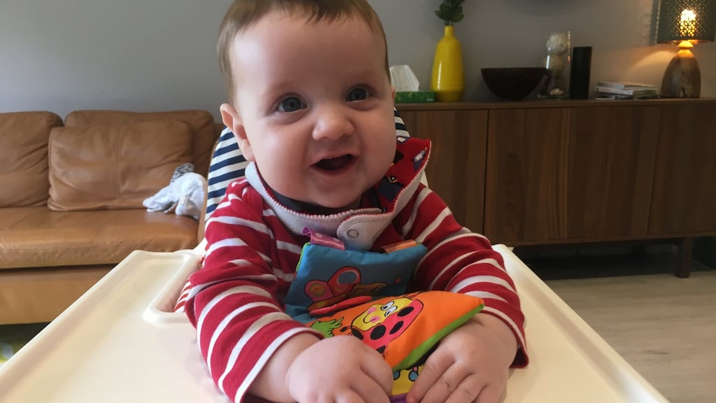 Eager for the real thing: Louis drools and reaches as he watches me eating, intensely following the food from plate to mouth.