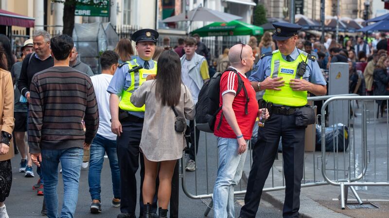 Gardaí overseeing the crowds on South William Street in Dublin. Photograph: Gary Ashe