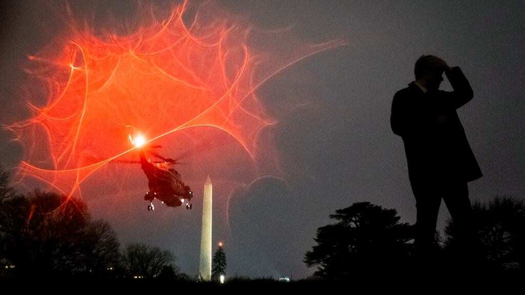 Marine One departs Washington on Tuesday with US president Donald Trump on board. Democratic leaders unveiled articles of impeachment on Tuesday charging Mr Trump with abuse of power and obstruction of Congress. Photograph: Pete Marovich/New York Times