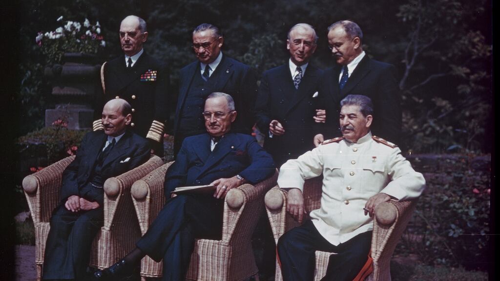 British prime minister Clement Attlee, US president Harry S Truman and Soviet premier Josef Stalin prepare to sign the Potsdam Agreement. File photograph: Getty Images