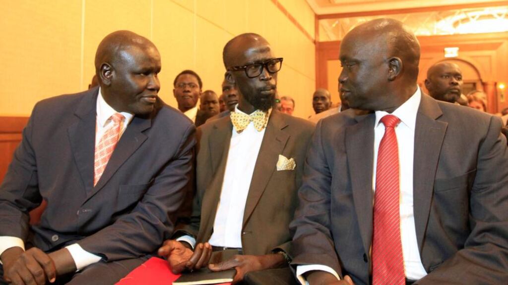 Grang Demebiar (centre), son of late Sudanese politician John Garang, at the opening of South Sudan’s negotiations in Ethiopia’s Addis Ababa on Saturday. Photograph: Tiksa Negeri/Reuters