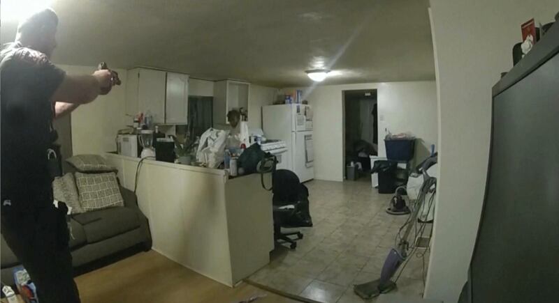 Sean Grayson points his gun at Sonya Massey. Photograph: AP/Illinois State Police