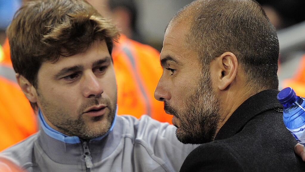 Mauricio Pochettino (left) and Pep Guardiola while coaching in La Liga with Espanyol and Barcelona respectively in 2012. Photograph: Getty.