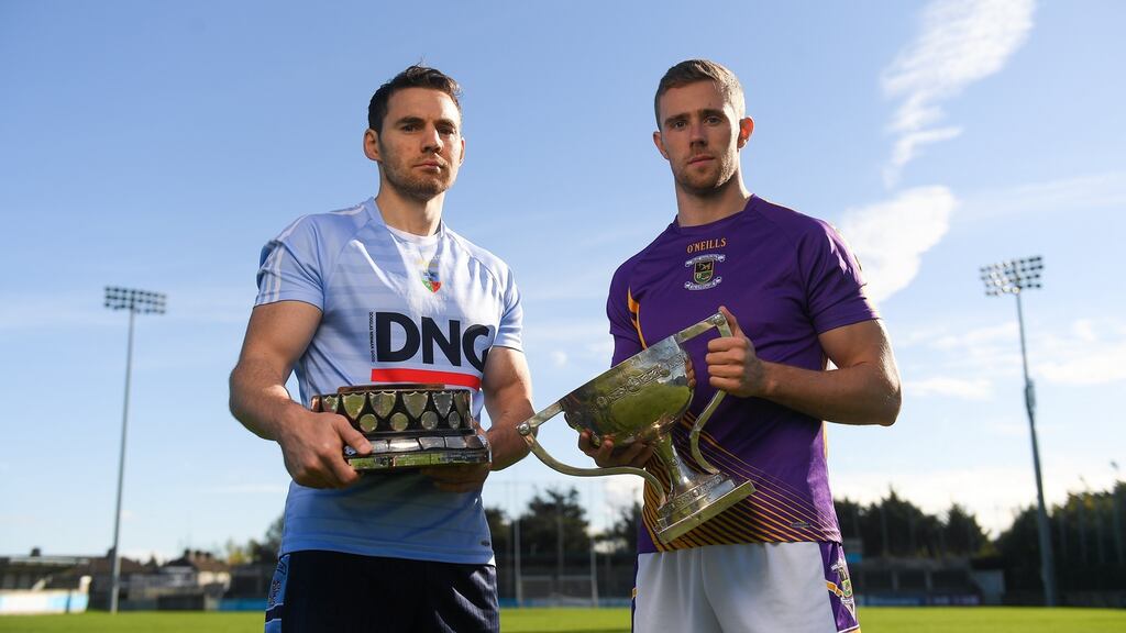 St Jude’s Chris Guckian and Kilmacud Crokes’ Paul Mannion whose sides will meet in the Dublin SFC final at Parnell Park. Photograph: Piaras Ó Mídheach/Sportsfile