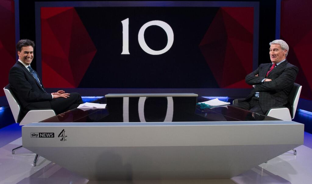 Labour leader Ed Miliband is interviewed by Jeremy Paxman on the Sky News/Channel 4 programme: Cameron & Miliband Live: The Battle for Number 10. Photograph: Stefan Rousseau/PA Wire