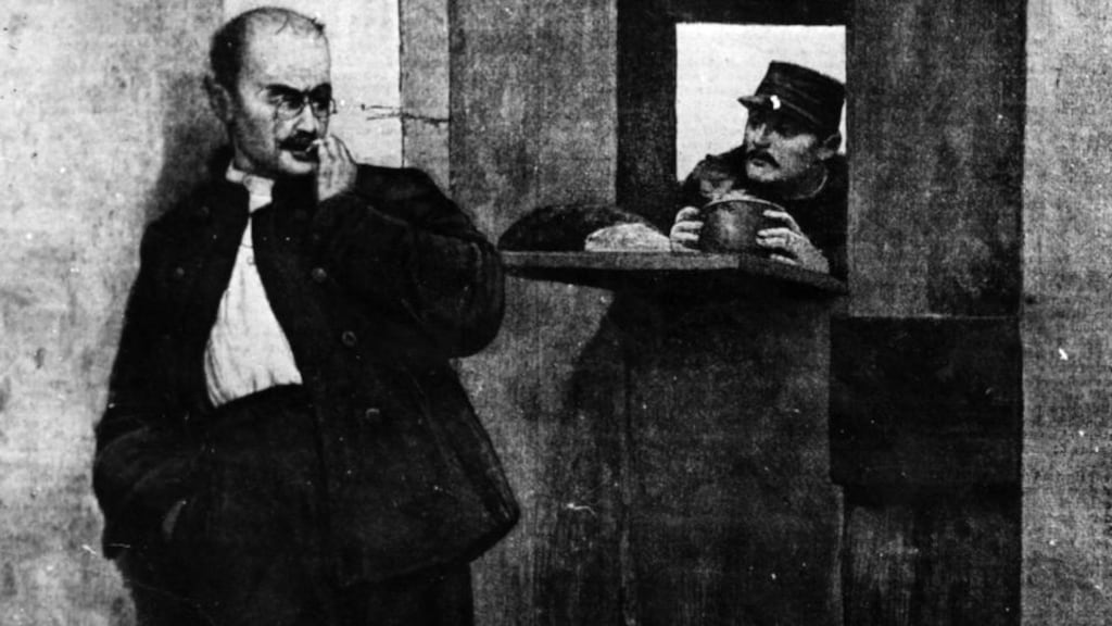 Alfred Dreyfus (1859-1935) in prison on Devil’s Island. Dreyfus was wrongly accused of treason and acquitted in 1906. Illustration: Hulton Archive/Getty Images