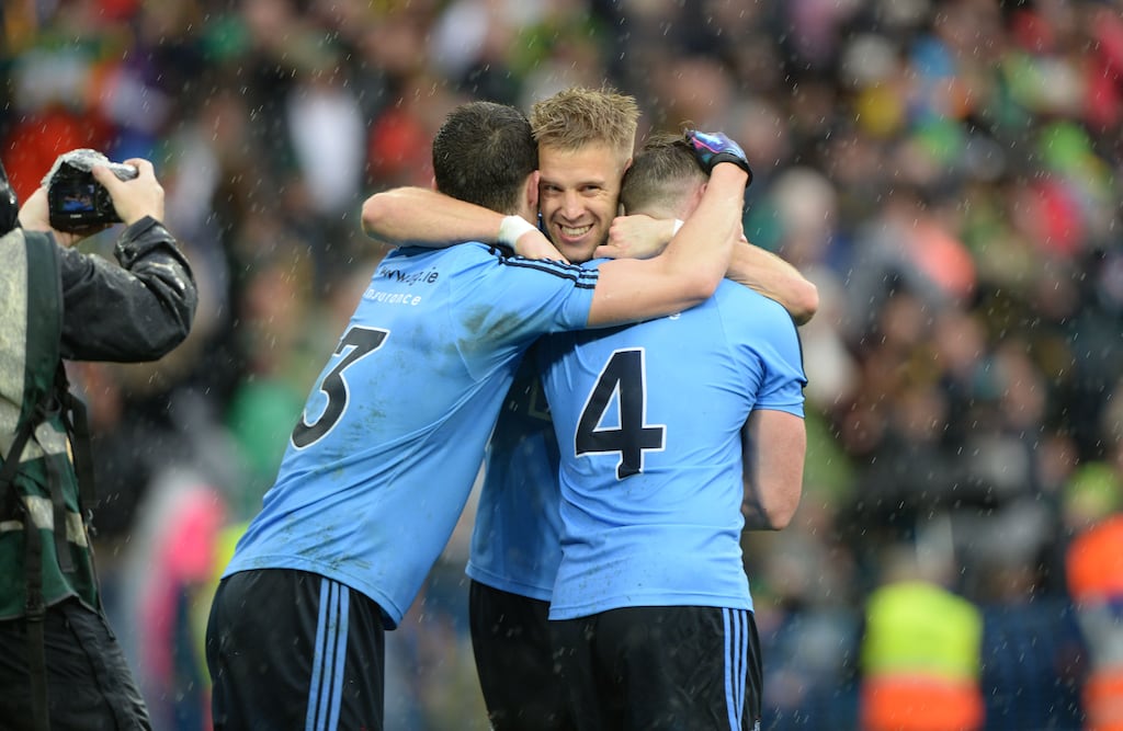 Dublin's Rory O'Carroll, Jonny Cooper and Philip McMahon celebrate beating Kerry in the 2015 All-Ireland final at Croke Park. Photograph: Dara Mac Dónaill