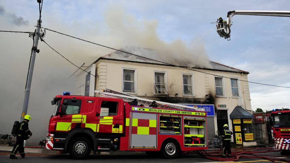 Members of Wickow fire Brigade fighting a large fire at the Everest Centre in Castle Street, Bray, Co Wicklow, tonight. Photograph: Aidan Crawley/The Irish Times